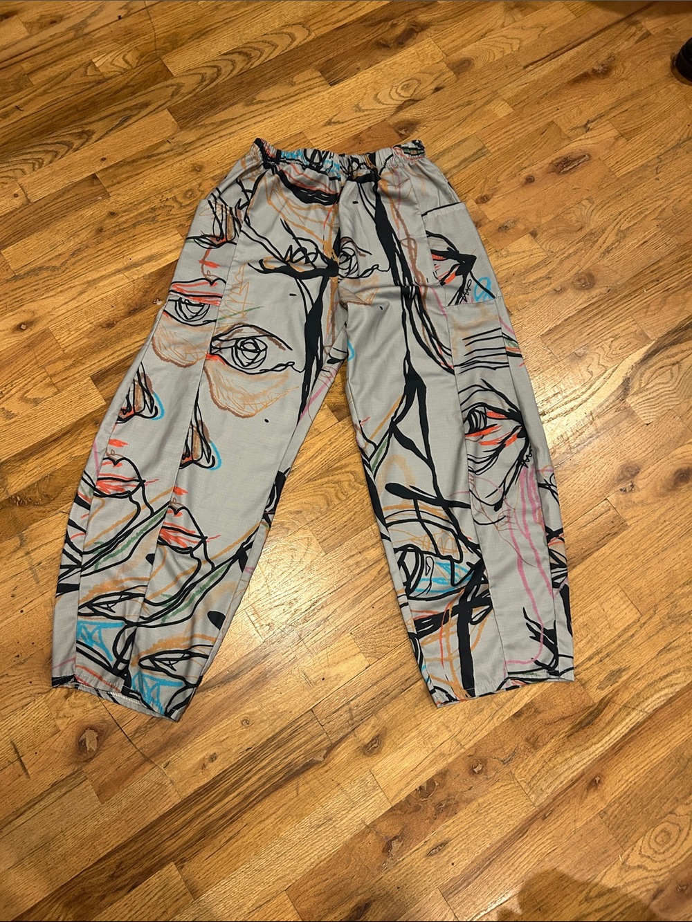 Abstract Face Print Wide Leg Pants in Light Gray